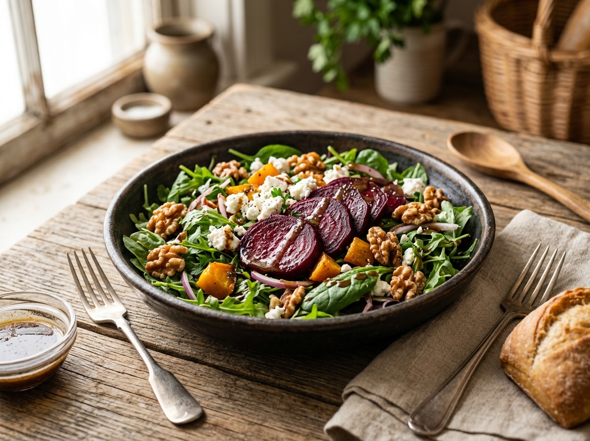 Ensalada gourmet con betarragas asadas al horno, rúcula fresca y queso de cabra de Ovalle