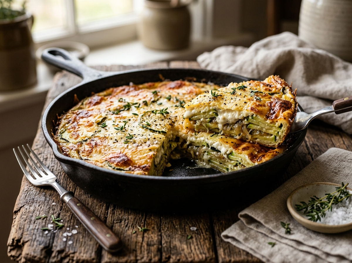 Gratín de zapallitos italianos al horno con costra burbujeante de queso de cabra