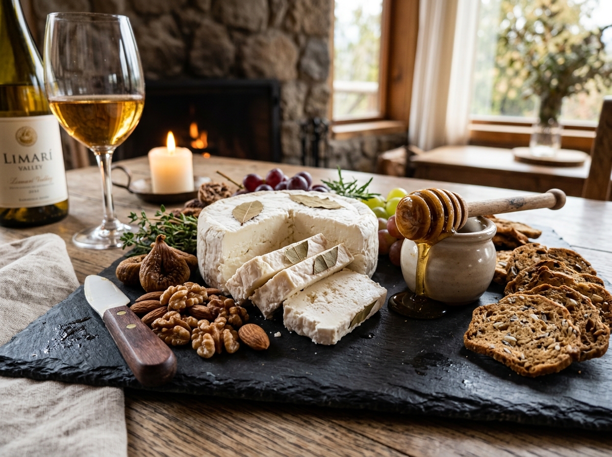 Tabla campestre con queso de cabra en pizarra, higos frescos, nueces y miel de campo