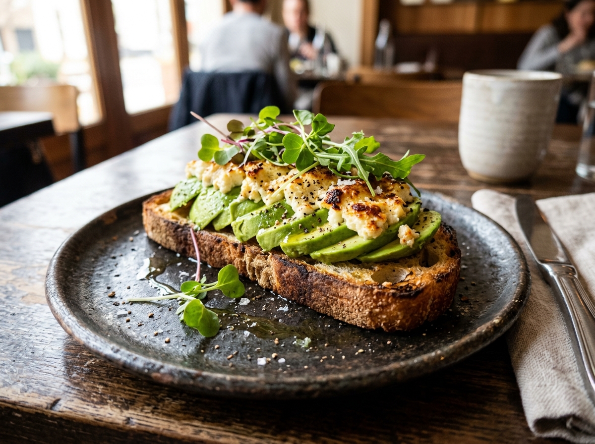 Tostón de masa madre con palta hass y queso de cabra artesanal dorado
